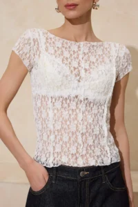 TRENDYOLMİLLA Ecru Fitted Boat Neck Short Sleeve Lace Knitting Blouse - Image 3