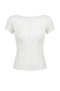 TRENDYOLMİLLA Ecru Fitted Boat Neck Short Sleeve Lace Knitting Blouse - Image 5