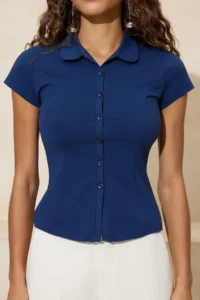 TRENDYOLMİLLA Navy Blue Fitted Baby Collar buttoned Cotton Flexible Knitting Blouse - Image 3