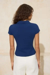 TRENDYOLMİLLA Navy Blue Fitted Baby Collar buttoned Cotton Flexible Knitting Blouse - Image 4