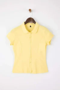 TRENDYOLMİLLA Light Yellow Fitted Baby Collar buttoned Cotton Flexible Knitting Blouse - Image 5