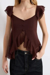 TRENDYOLMİLLA Brown Fitted/Body-fitting V-neck buttoned with flywheel/Frilly Tulle Knitting Blouse - Image 3