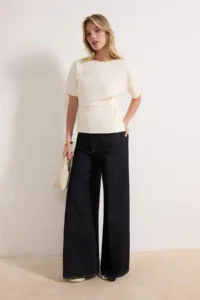 TRENDYOLMİLLA Ecru Fitted Boat Neck Drop Sleeve Short Sleeve interlock Knitting Blouse - Image 2