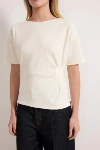 TRENDYOLMİLLA Ecru Fitted Boat Neck Drop Sleeve Short Sleeve interlock Knitting Blouse - Image 3