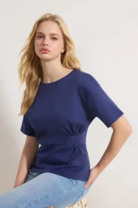 TRENDYOLMİLLA Navy Blue Fitted Boat Neck Drop Sleeve Short Sleeve interlock Knitting Blouse - Image 2