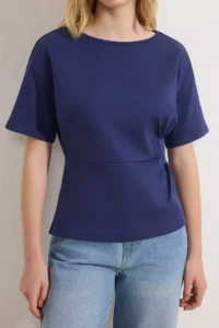 TRENDYOLMİLLA Navy Blue Fitted Boat Neck Drop Sleeve Short Sleeve interlock Knitting Blouse - Image 3