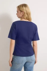 TRENDYOLMİLLA Navy Blue Fitted Boat Neck Drop Sleeve Short Sleeve interlock Knitting Blouse - Image 4