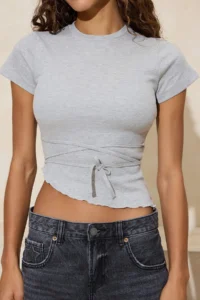 TRENDYOLMİLLA Gray Melange Fitted Binding Detailed Cotton Rib Knitting Blouse - Image 3