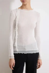 TRENDYOLMİLLA Ecru Transparent Fitted/Body-Fitting Long Sleeve with flywheel/Frilly textured Knitting Blouse - Image 3