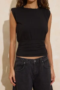 TRENDYOLMİLLA Black Fitted Sleeveless Shirred Cotton Flexible Knitting Blouse - Image 3
