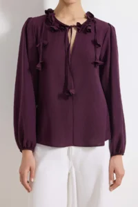 TRENDYOLMİLLA Purple Flower with accessories Balloon Sleeve Weaving Blouse - Image 3