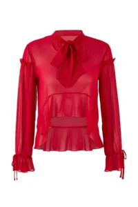 TRENDYOLMİLLA Rejection Scarf Collar Front Short Siphon Transparent Blouse - Image 5