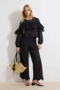 TRENDYOLMİLLA Black Frilly Wide Pattern Weaving embroidery Blouse - Image 2