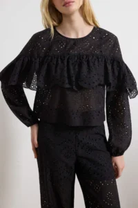 TRENDYOLMİLLA Black Frilly Wide Pattern Weaving embroidery Blouse - Image 3