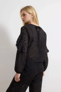 TRENDYOLMİLLA Black Frilly Wide Pattern Weaving embroidery Blouse - Image 4