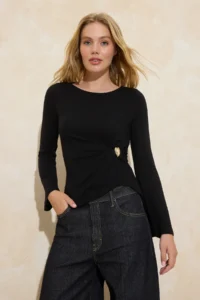 TRENDYOLMİLLA Black Fitted Boat Neck Accessory Detailed Soft Knitting Blouse - Image 2