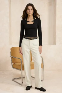 TRENDYOLMİLLA Black Fitted Boat Neck Accessory Detailed Cotton Rib Knitting Blouse - Image 2