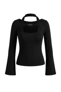 TRENDYOLMİLLA Black Fitted Boat Neck Accessory Detailed Cotton Rib Knitting Blouse - Image 5
