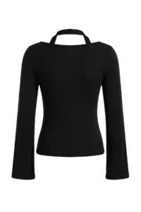 TRENDYOLMİLLA Black Fitted Boat Neck Accessory Detailed Cotton Rib Knitting Blouse - Image 6