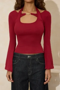 TRENDYOLMİLLA Rejection Fitted Boat Neck Accessory Detailed Cotton Rib Knitting Blouse - Image 3