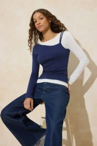 TRENDYOLMİLLA Navy Blue 2 Sets Looking Regular/Normal Pattern Long Sleeve Cotton Rib Knitting Blouse