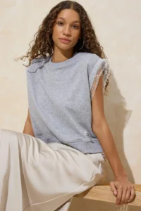 TRENDYOLMİLLA Gray Melange relaxed Pattern Sleeveless embroidery and Weaving Label Detailed Knitting Blouse