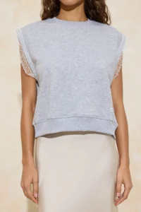 TRENDYOLMİLLA Gray Melange relaxed Pattern Sleeveless embroidery and Weaving Label Detailed Knitting Blouse - Image 3