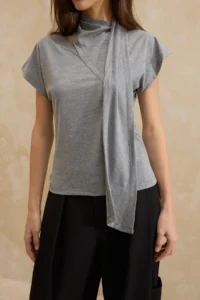 TRENDYOLMİLLA Anthracite Fitted Scarf Collar Moon Arm 100% Cotton Knitting Blouse - Image 3