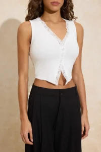 TRENDYOLMİLLA Ecru Fitted V-neck Sleeveless Lace Detailed Crop Ribbed Flexible Knitting Blouse - Image 3