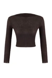 TRENDYOLMİLLA Brown Transparan Crew Neck Flexible Knitting Blouse - Image 5