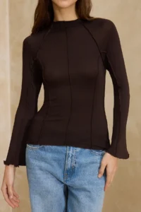 TRENDYOLMİLLA Brown Transparent Fitted Dog collar ribbed Knitting Blouse - Image 2