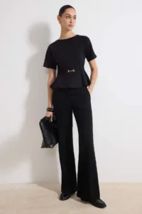 TRENDYOLMİLLA Black peplum Raglan Sleeve Short Sleeve Accessory Detailed interlock Knitting Blouse - Image 2