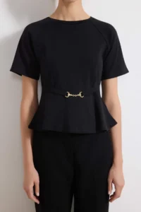 TRENDYOLMİLLA Black peplum Raglan Sleeve Short Sleeve Accessory Detailed interlock Knitting Blouse - Image 3