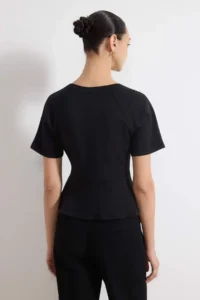 TRENDYOLMİLLA Black peplum Raglan Sleeve Short Sleeve Accessory Detailed interlock Knitting Blouse - Image 4