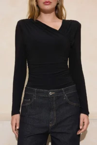 TRENDYOLMİLLA Black Fitted Asymmetric Collar Long Sleeve Flexible Knitting Blouse - Image 3