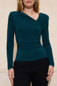 TRENDYOLMİLLA Emerald Green Fitted Asymmetric Collar Long Sleeve Flexible Knitting Blouse - Image 3