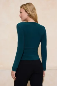 TRENDYOLMİLLA Emerald Green Fitted Asymmetric Collar Long Sleeve Flexible Knitting Blouse - Image 4