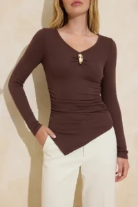 TRENDYOLMİLLA Brown Fitted V-neck Long Sleeve Flexible Knitting Blouse - Image 3