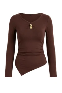 TRENDYOLMİLLA Brown Fitted V-neck Long Sleeve Flexible Knitting Blouse - Image 5