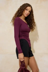 TRENDYOLMİLLA Plum Fitted V-neck Long Sleeve Flexible Knitting Blouse - Image 2