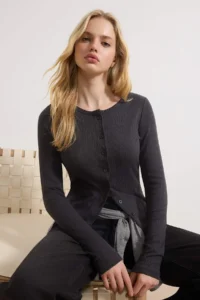 TRENDYOLMİLLA Wardrobe Essentials-Anthracite Fitted buttoned Long Sleeve Knitting Blouse