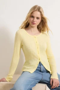 TRENDYOLMİLLA Wardrobe Essentials-Yellow Fitted Buttoned Long Sleeve Report Knitting Blouse - Image 2