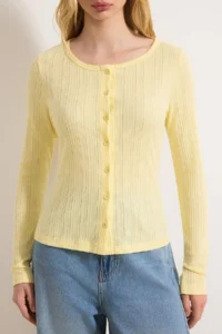 TRENDYOLMİLLA Wardrobe Essentials-Yellow Fitted Buttoned Long Sleeve Report Knitting Blouse - Image 3