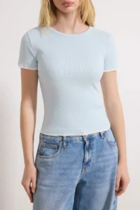 TRENDYOLMİLLA Light Blue Fitted Short Sleeve Piped Ribbed Flexible Knitting Blouse - Image 3