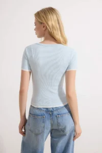TRENDYOLMİLLA Light Blue Fitted Short Sleeve Piped Ribbed Flexible Knitting Blouse - Image 4