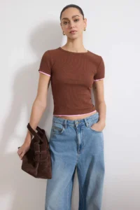 TRENDYOLMİLLA Brown Fitted Short Sleeve Piped Ribbed Flexible Knitting Blouse