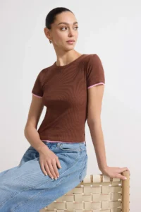 TRENDYOLMİLLA Brown Fitted Short Sleeve Piped Ribbed Flexible Knitting Blouse - Image 2