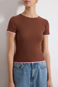TRENDYOLMİLLA Brown Fitted Short Sleeve Piped Ribbed Flexible Knitting Blouse - Image 3