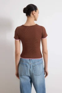TRENDYOLMİLLA Brown Fitted Short Sleeve Piped Ribbed Flexible Knitting Blouse - Image 4