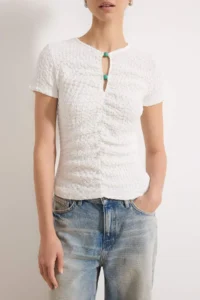 TRENDYOLMİLLA Ecru Fitted Short Sleeve buttoned textured Knitting Blouse - Image 3
